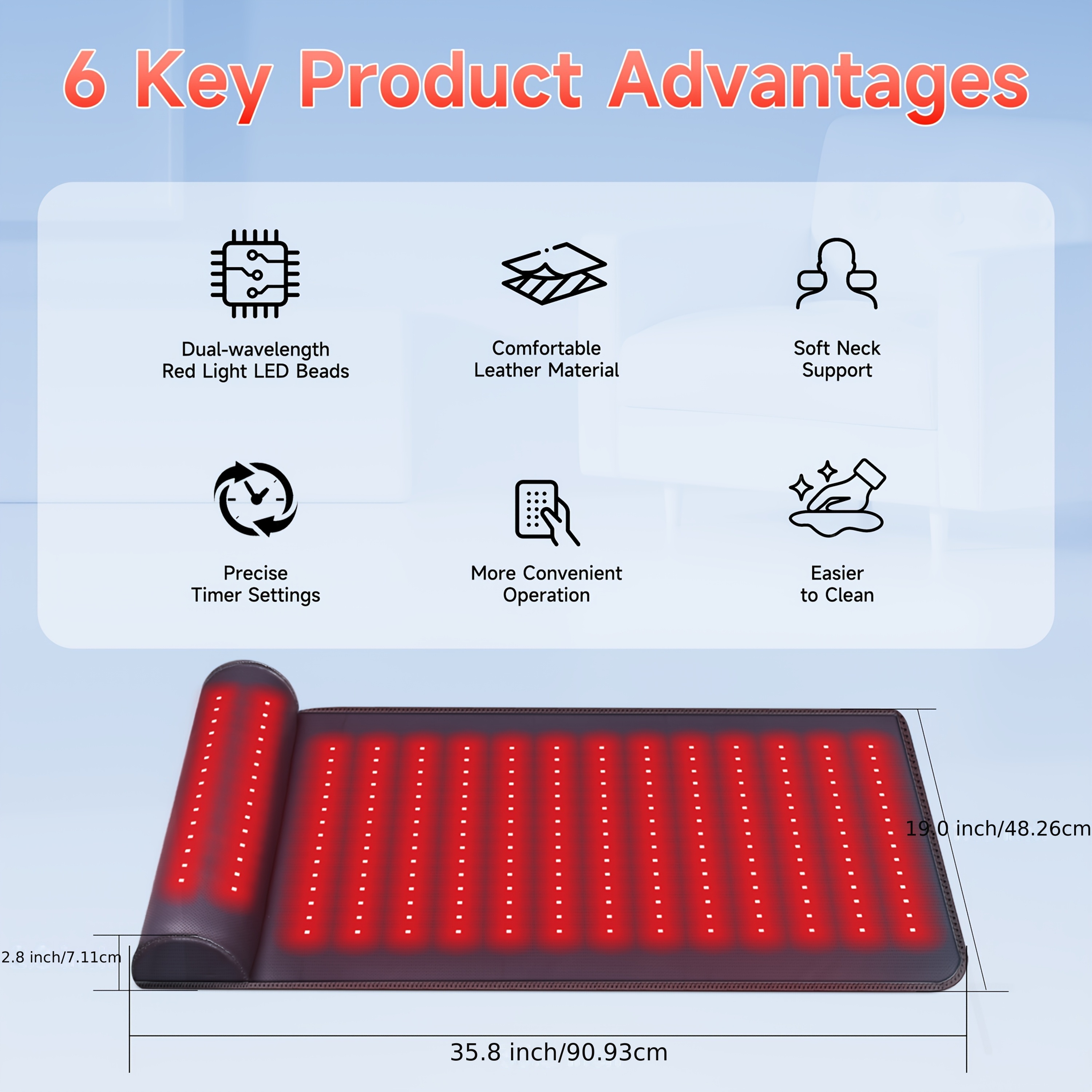 New Faux Leather Red Light Relax Mat with Neck Support, Dual-Wavelength for Enhanced Pain Relief, 19.0 * 35.9in - Image 3
