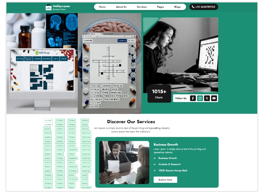 Educational website with 81 pharmaceutical crossword puzzles. Setup in just one day.