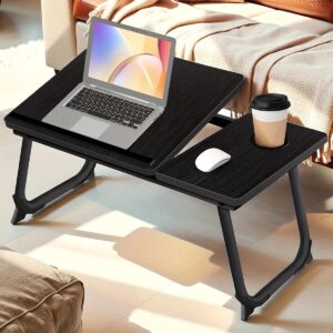 Height Adjustable Black Portable Folding Table, Laptop Desk, Sofa Table, Tray Bed Table With Cup Holder For Reading, Writing, Eating And Drinking