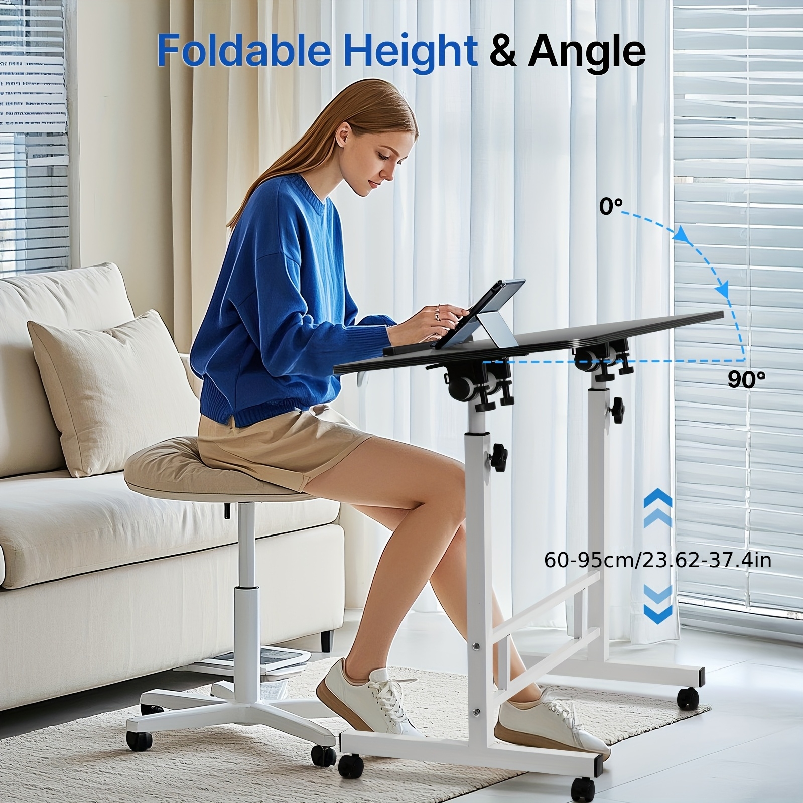 40*80cm Ergonomic Standing Desk Adjustable Height, Mobile Computer Desk with Universal Wheel, Stable And Comfortable, Easy to Assemble, Spacious Study Table, Suitable for Home Office, Sofa - Image 8
