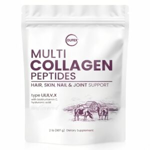 Oufex Multi-Source Collagen Peptides Powder - 2lb (907g) Dietary Supplement with Biotin, Vitamin C Acid for Hair, Light Beige, Nails & Joint Support - Natural Flavor, White Packaging, Collagen Supplement