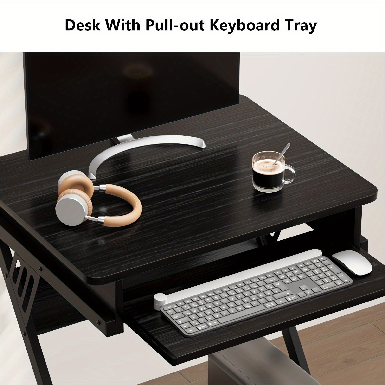 Computer Desk for Small Spaces, 23.6" Z-Shaped Compact Study Table with Smooth Keyboard Tray, with Wheels and Bottom Shelves for Home Office, Computer Cart Mobile Laptop Cart - Image 5