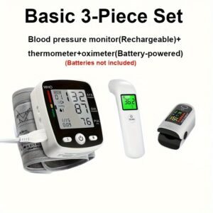 3pcs Set Basic, 1pc Electronic Blood Pressure Monitor | 1pc Adult Fingertip Pulse Oximeter Blood Oxygen Saturation Monitor Pulse Ox And 1 PcThermometer Set for Fever with 10 Seconds Fast Reading, Heart Rate And Fast Spo2 Reading Oxygen Meter