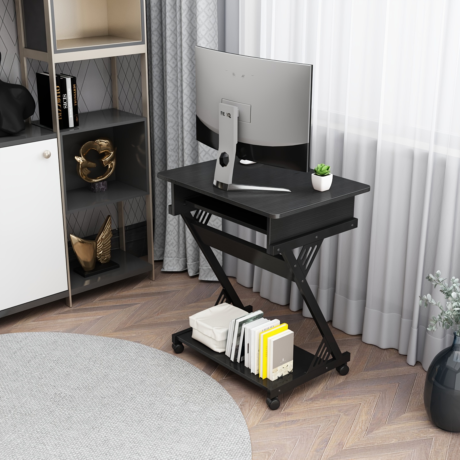 Computer Desk for Small Spaces, 23.6" Z-Shaped Compact Study Table with Smooth Keyboard Tray, with Wheels and Bottom Shelves for Home Office, Computer Cart Mobile Laptop Cart - Image 7