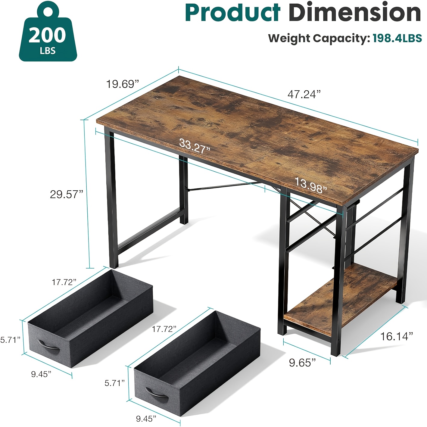 47-Inch Computer Gaming Desk with 2 Adjustable Fabric Storage Drawers, Ideal for Work, Writing, And Study, Computer Desk - Image 7