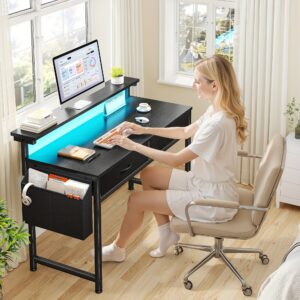 EnHomee 31.5"/39.5" Small Home Office Desk with RGB/40-Mode LED, - Computer Desk with 2 Drawers & Side Pocket, Space-Saving Writing Table for Dorm, Apartment, Study, Gaming Setup (Black/Brown/White) - Monitor Arm Compatible