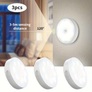 [3pcs/6pcs Sensor Night Light] 3pcs/6pcs USB Rechargeable Motion Sensor Night Light | Under-Cabinet, Auto On/Off, Long Press Brightness Adjust, Magnetic Mount | Suitable for Bedroom, Stairs, Wardrobe, Wine Cabinet, Office, Dark Area Illumination, Durable Plastic Build, Sleek Appearance