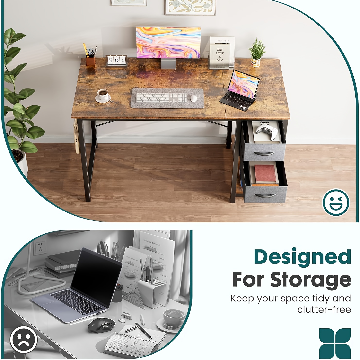 47-Inch Computer Gaming Desk with 2 Adjustable Fabric Storage Drawers, Ideal for Work, Writing, And Study, Computer Desk - Image 3