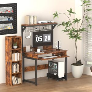 31.5" Modern Computer Desk with Hutch & Keyboard Tray , Space-Saving Home Office Workstation , Sturdy Metal Frame & Recycled Wood Surface , Black/Brown Finish , Compact Writing Desk with Storage Shelf , Easy Assembly for Small Spaces , Ideal for Apartments, Dorms, Studios, PC, Laptop, Study, or Workstation Setup
