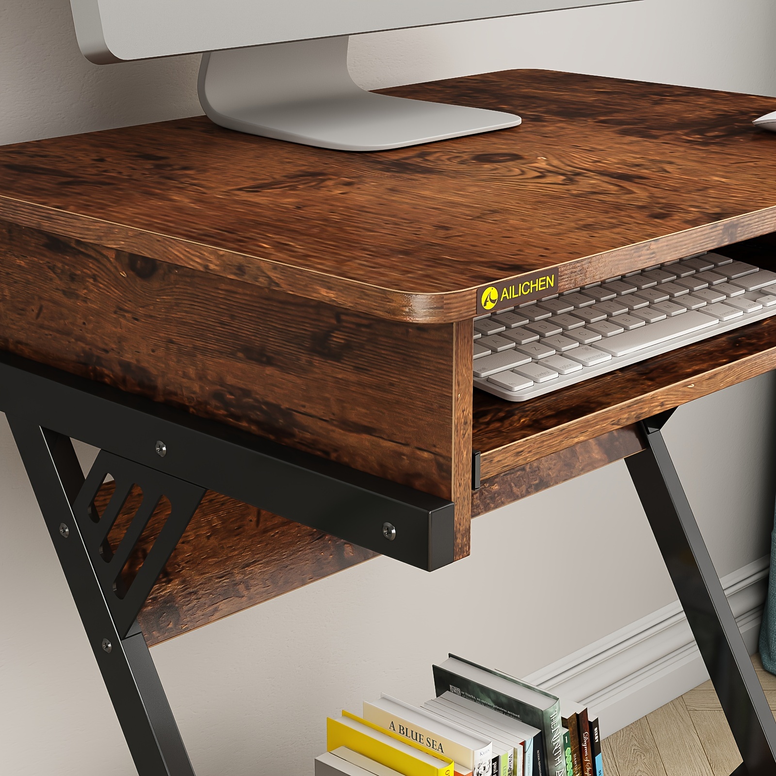 Computer Desk for Small Spaces Z-Shaped Study Table with Smooth Keyboard Tray, with Wheels and Bottom Shelves for Home Office - Image 9