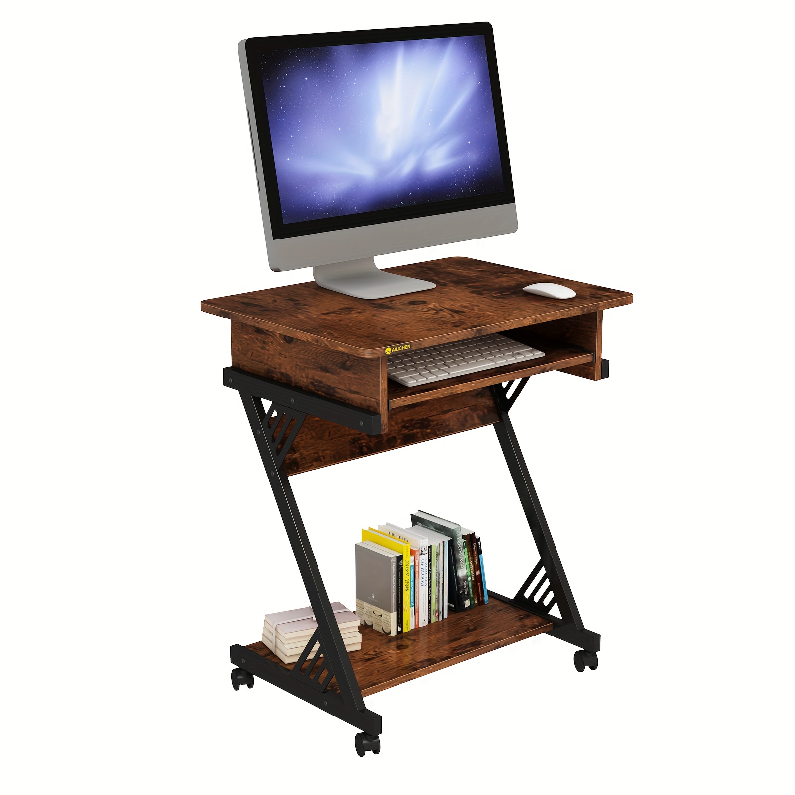 Computer Desk for Small Spaces Z-Shaped Study Table with Smooth Keyboard Tray, with Wheels and Bottom Shelves for Home Office - Image 6