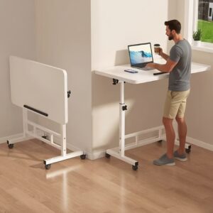 Adjustable Height Mobile Laptop Desk with Tiltable Desktop And Device Stand - Home Office Rolling Computer Workstation, Easy to Move, Suitable for Bedroom, Living Room Office, Etc.