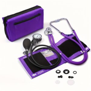 Aneroid Sphygmomanometer Blood Pressure Monitor & 2-in-1Stethoscope Set - Medical Sphygmomanometer With Fixing Clip And Purple Nylon Cuff, Emergency BP Kit Includes Stethoscope, Free Portable Case And Auxiliary Accessories, Purple