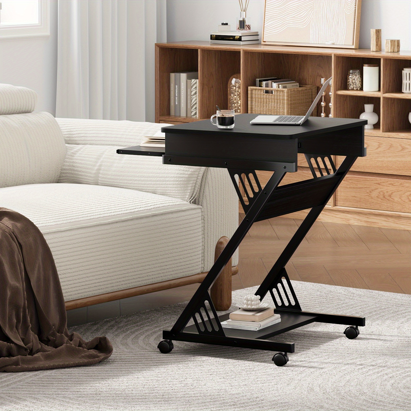 Computer Desk for Small Spaces, 23.6" Z-Shaped Compact Study Table with Smooth Keyboard Tray, with Wheels and Bottom Shelves for Home Office, Computer Cart Mobile Laptop Cart - Image 9