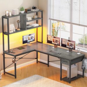 L Shaped Office Desk, 51.2" Reversible Computer Desk with Drawer, LED Lights and Storage Shelves for Small Space