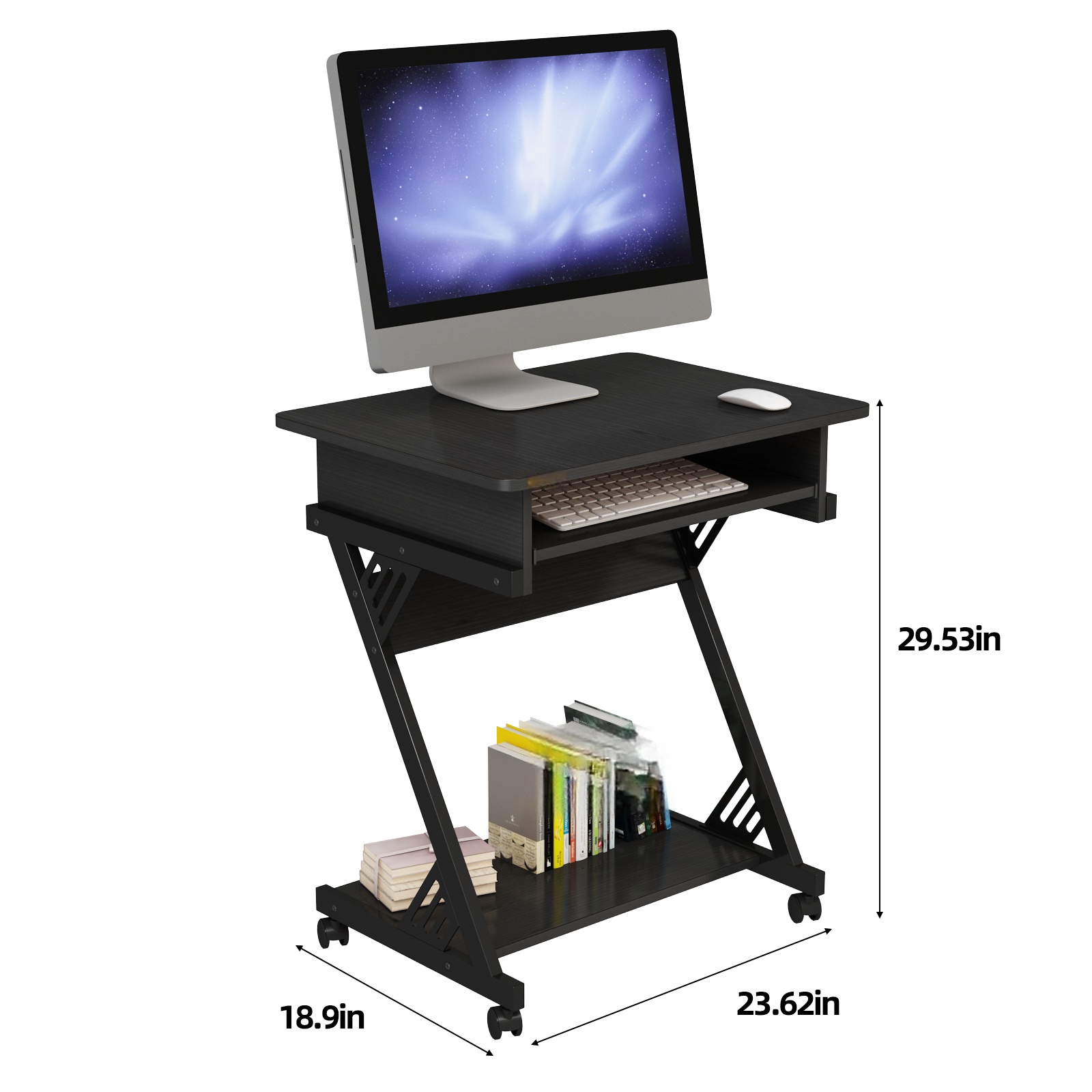 Computer Desk for Small Spaces, 23.6" Z-Shaped Compact Study Table with Smooth Keyboard Tray, with Wheels and Bottom Shelves for Home Office, Computer Cart Mobile Laptop Cart - Image 2
