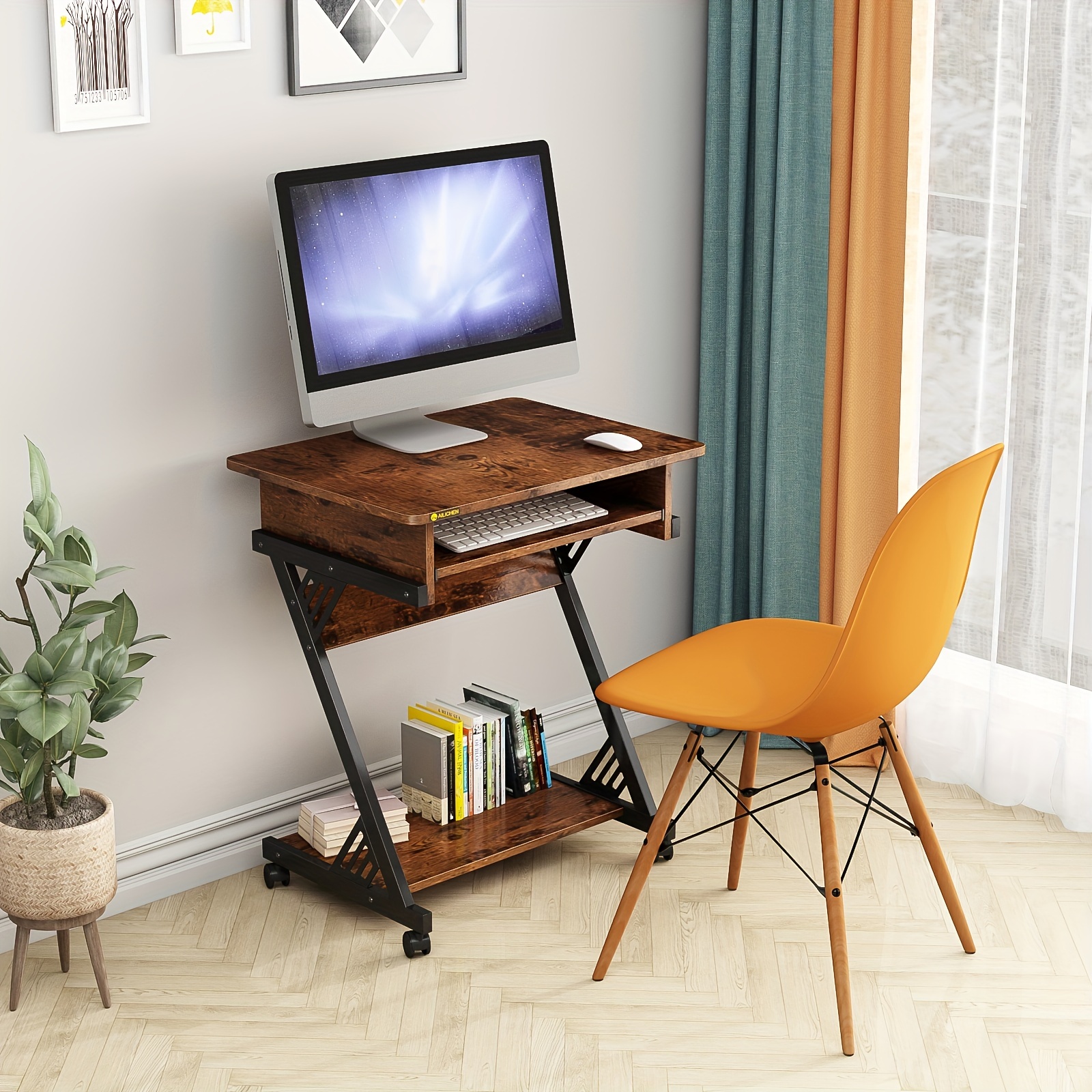 Computer Desk for Small Spaces Z-Shaped Study Table with Smooth Keyboard Tray, with Wheels and Bottom Shelves for Home Office - Image 5