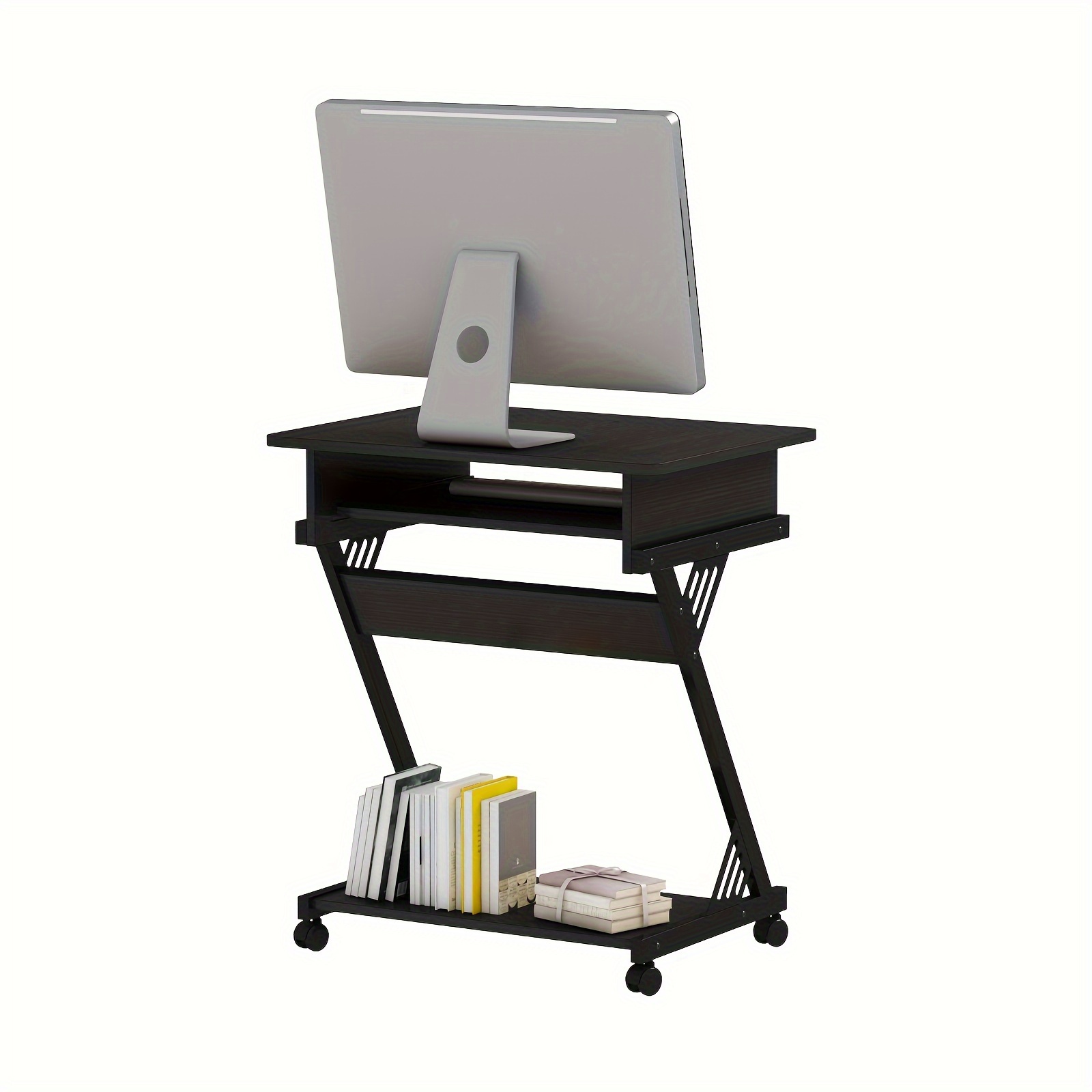 Computer Desk for Small Spaces, 23.6" Z-Shaped Compact Study Table with Smooth Keyboard Tray, with Wheels and Bottom Shelves for Home Office, Computer Cart Mobile Laptop Cart - Image 4