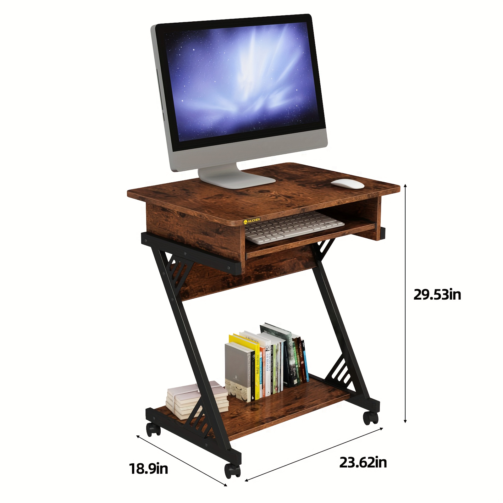 Computer Desk for Small Spaces Z-Shaped Study Table with Smooth Keyboard Tray, with Wheels and Bottom Shelves for Home Office - Image 7