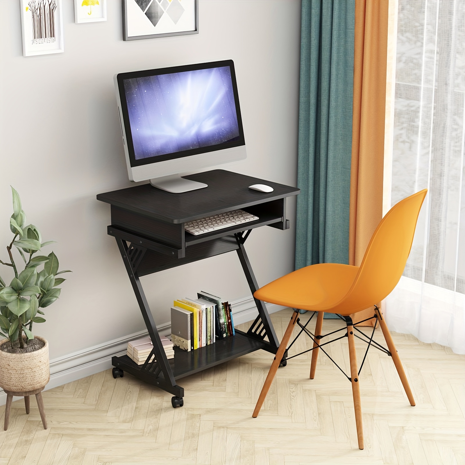 Computer Desk for Small Spaces, 23.6" Z-Shaped Compact Study Table with Smooth Keyboard Tray, with Wheels and Bottom Shelves for Home Office, Computer Cart Mobile Laptop Cart - Image 3