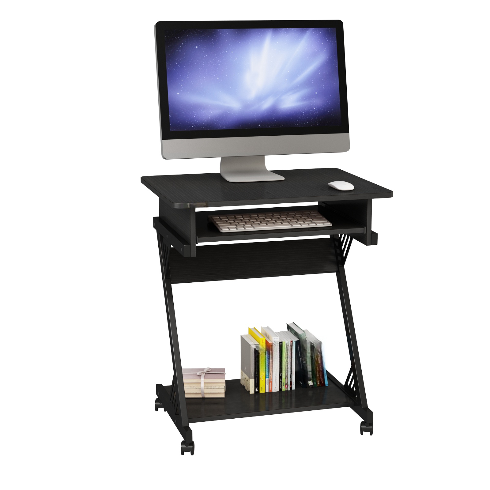 Computer Desk for Small Spaces, 23.6" Z-Shaped Compact Study Table with Smooth Keyboard Tray, with Wheels and Bottom Shelves for Home Office, Computer Cart Mobile Laptop Cart - Image 6