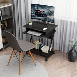 Computer Desk for Small Spaces, 23.6" Z-Shaped Compact Study Table with Smooth Keyboard Tray, with Wheels and Bottom Shelves for Home Office, Computer Cart Mobile Laptop Cart