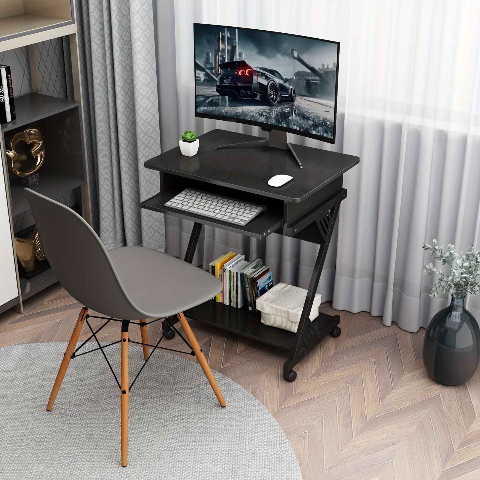 Computer Desk for Small Spaces, 23.6" Z-Shaped Compact Study Table with Smooth Keyboard Tray, with Wheels and Bottom Shelves for Home Office, Computer Cart Mobile Laptop Cart