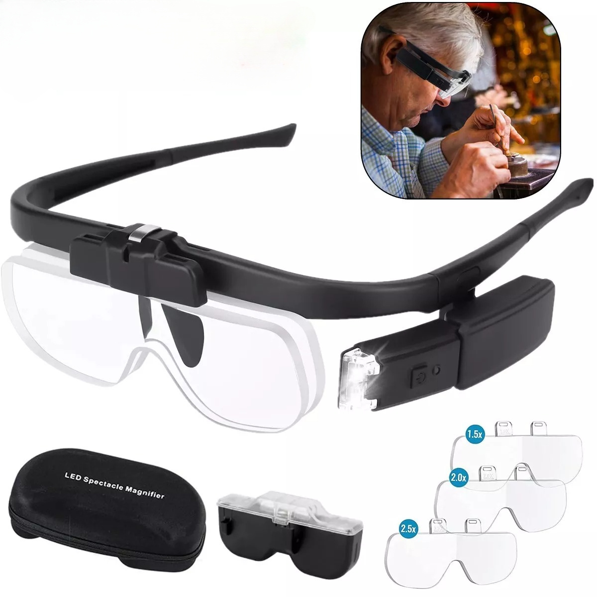 Head-mounted rechargeable magnifier with adjustable light 3 lenses storage box. Dual-slot illuminated magnifier for close-up craft work (up 4.5X), suitable for elderly reading, jewelry watch repair, DIY, and the best gift for the elderly.