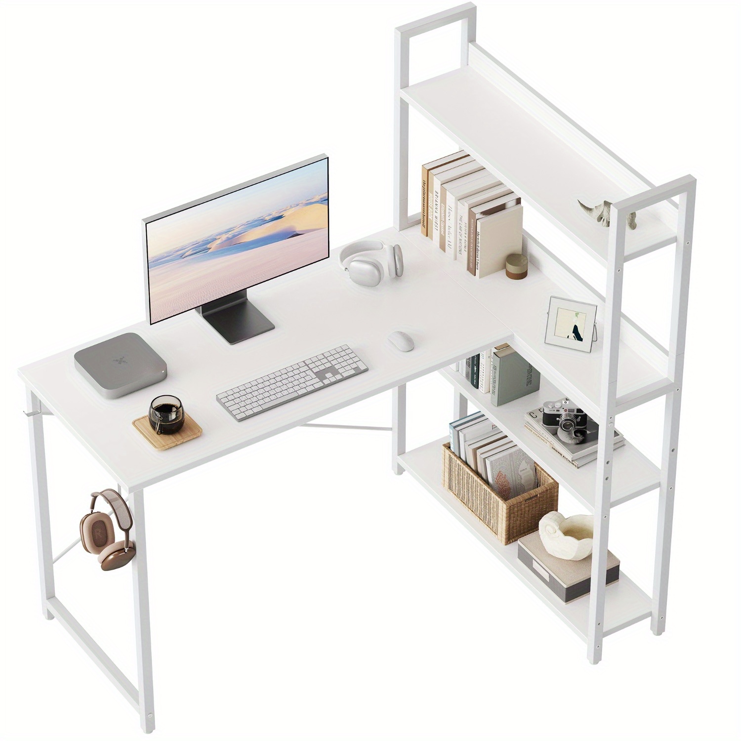 Computer Corner Desk with Storage Shelves, 47 Inch Small L Shaped Computer Desk, Home Office Writing Desk with 2 Hooks, Black - Image 7