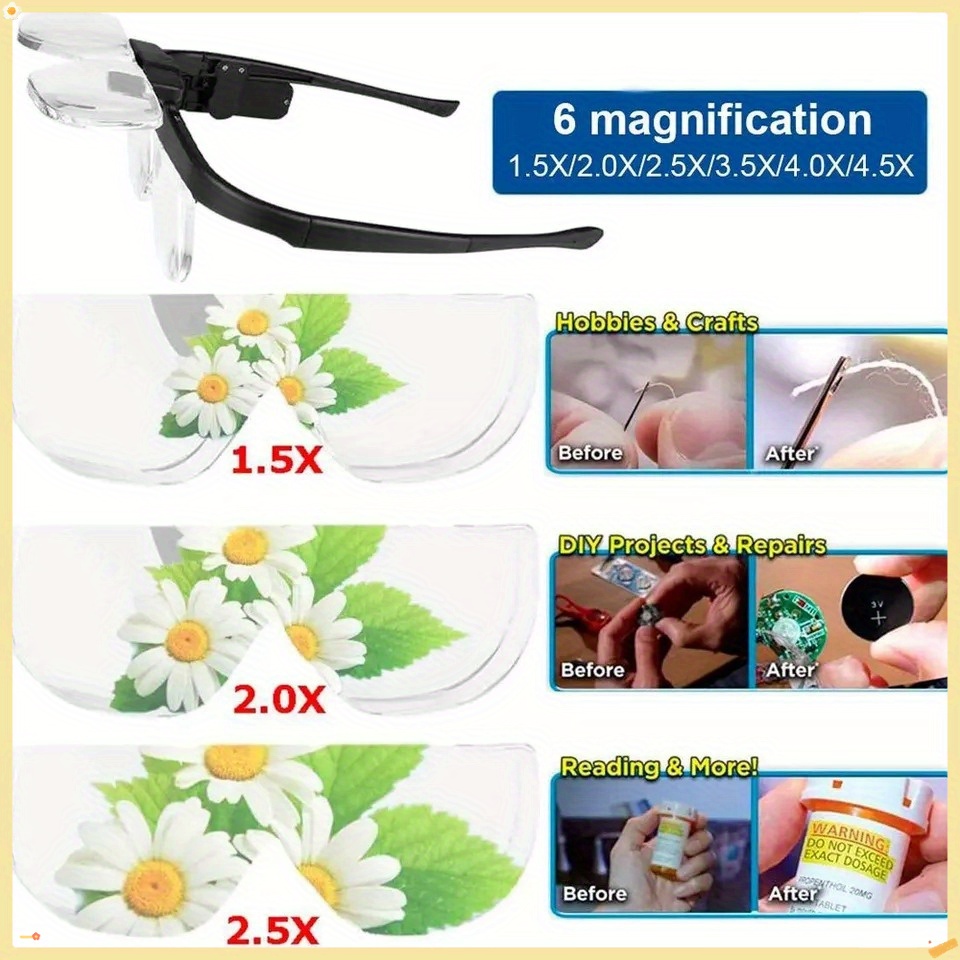 Head-mounted rechargeable magnifier with adjustable light 3 lenses storage box. Dual-slot illuminated magnifier for close-up craft work (up 4.5X), suitable for elderly reading, jewelry watch repair, DIY, and the best gift for the elderly. - Image 6