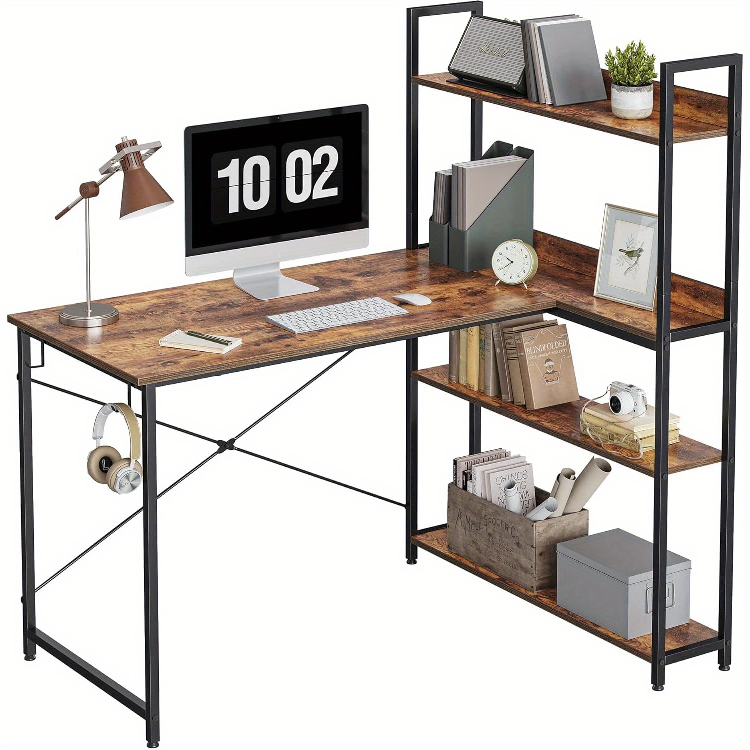 Computer Corner Desk with Storage Shelves, 47 Inch Small L Shaped Computer Desk, Home Office Writing Desk with 2 Hooks, Black