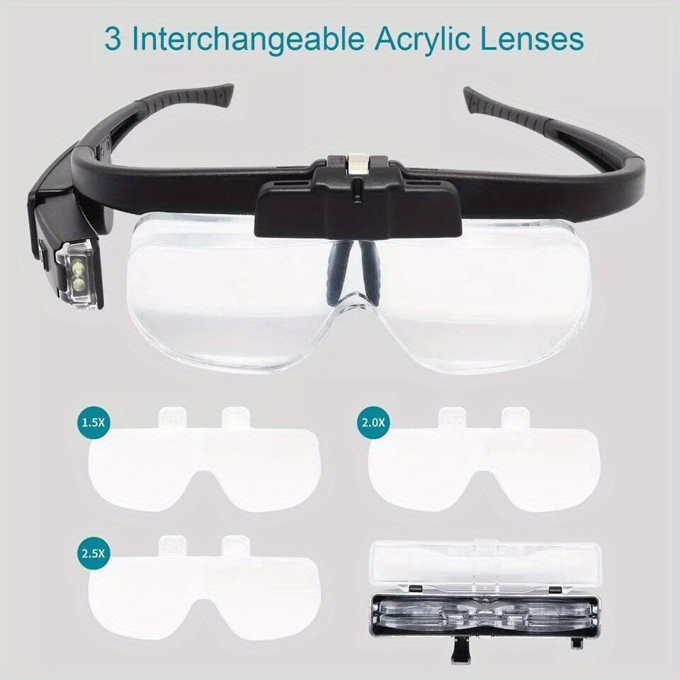 Head-mounted rechargeable magnifier with adjustable light 3 lenses storage box. Dual-slot illuminated magnifier for close-up craft work (up 4.5X), suitable for elderly reading, jewelry watch repair, DIY, and the best gift for the elderly. - Image 3