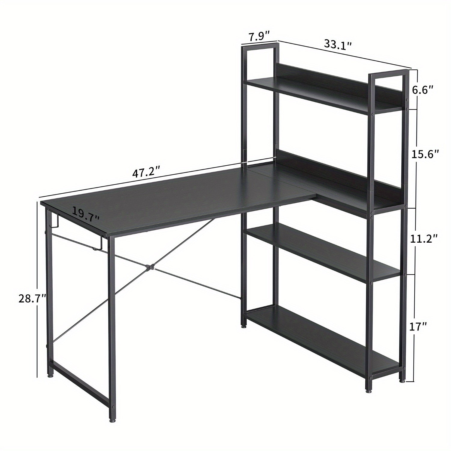 Computer Corner Desk with Storage Shelves, 47 Inch Small L Shaped Computer Desk, Home Office Writing Desk with 2 Hooks, Black - Image 5