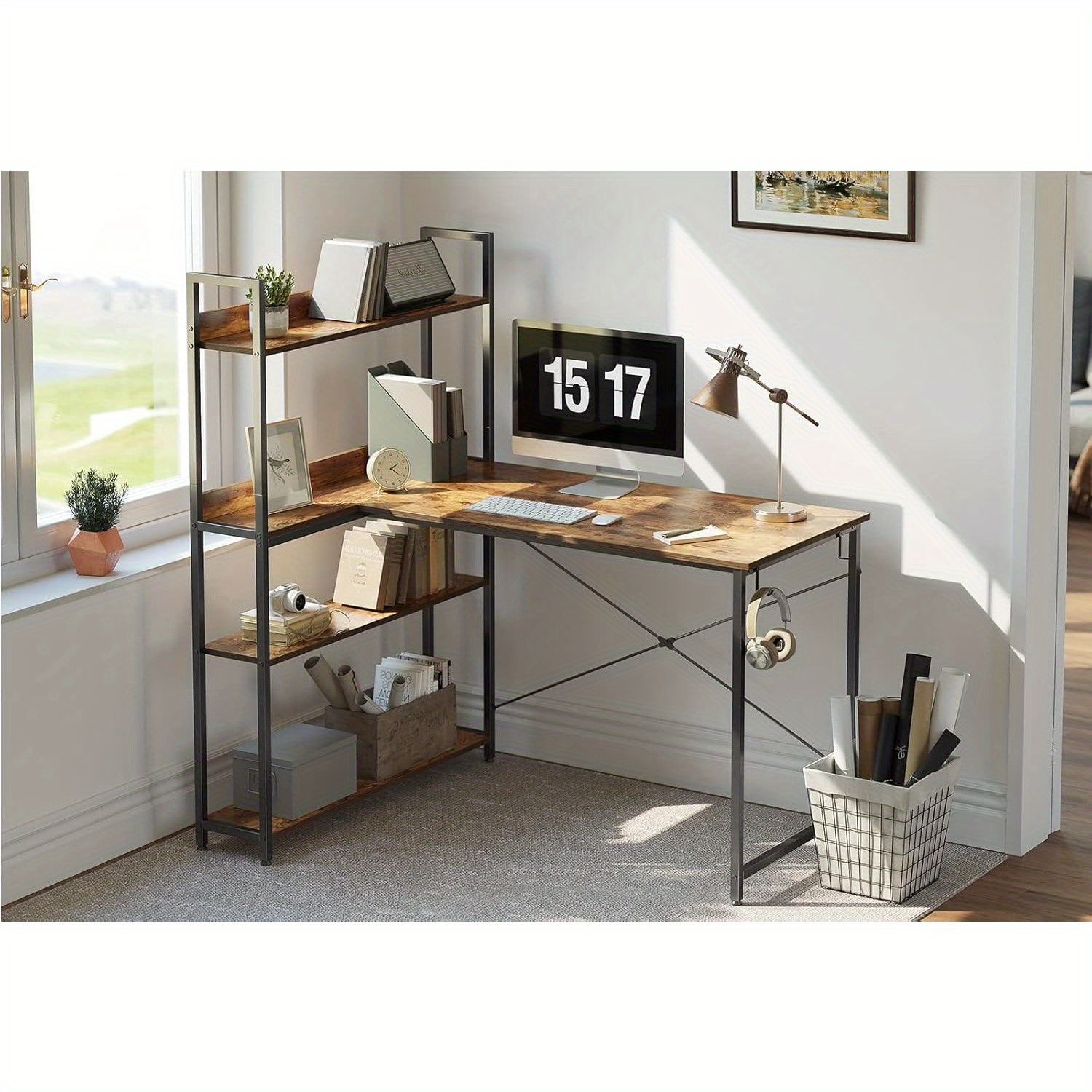 Computer Corner Desk with Storage Shelves, 47 Inch Small L Shaped Computer Desk, Home Office Writing Desk with 2 Hooks, Black - Image 3